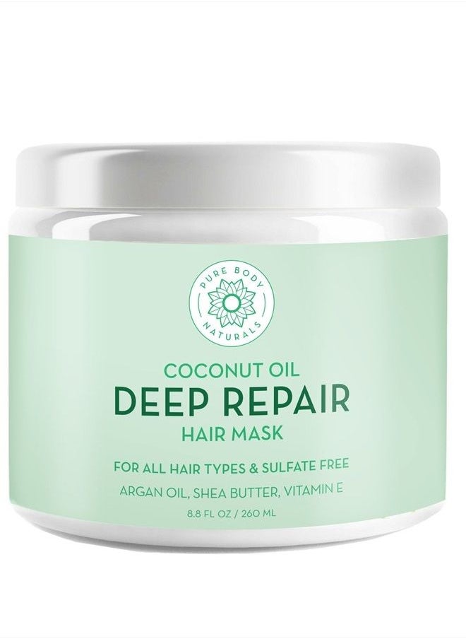 PURE BODY NATURALS - Coconut Oil Hair Mask, Deep Conditioning Hair Treatment for Dry Damaged and Color Treated Hair, Sulfate Free Hair Conditioner, Moisturizes, Repairs, 8.8 Fl Oz - Image 1
