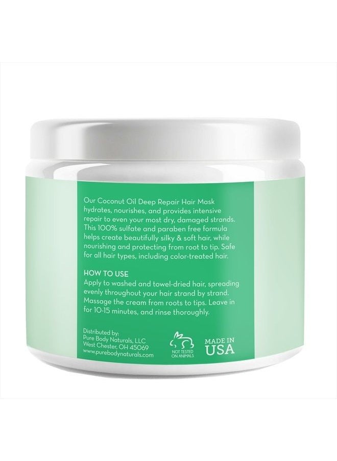 PURE BODY NATURALS - Coconut Oil Hair Mask, Deep Conditioning Hair Treatment for Dry Damaged and Color Treated Hair, Sulfate Free Hair Conditioner, Moisturizes, Repairs, 8.8 Fl Oz - Image 1