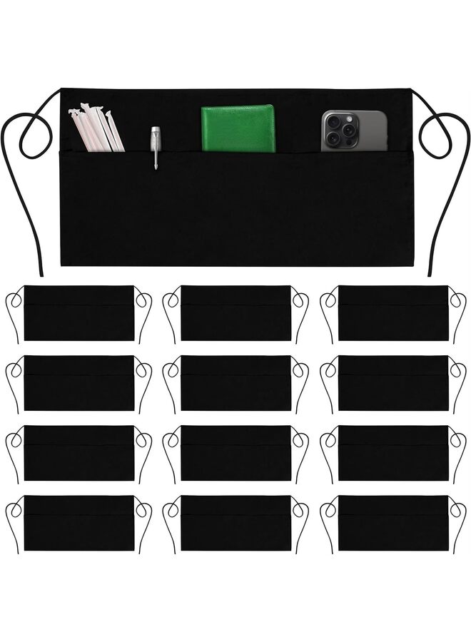 عبوة من 12 مئزر تقديم بثلاثة جيوب - مئزر خصر، مئزر نادلة للنساء والرجال، مقاوم للماء مع حزام خصر طويل ودرزات معززة، نصف مئزر (أسود) - Image 1
