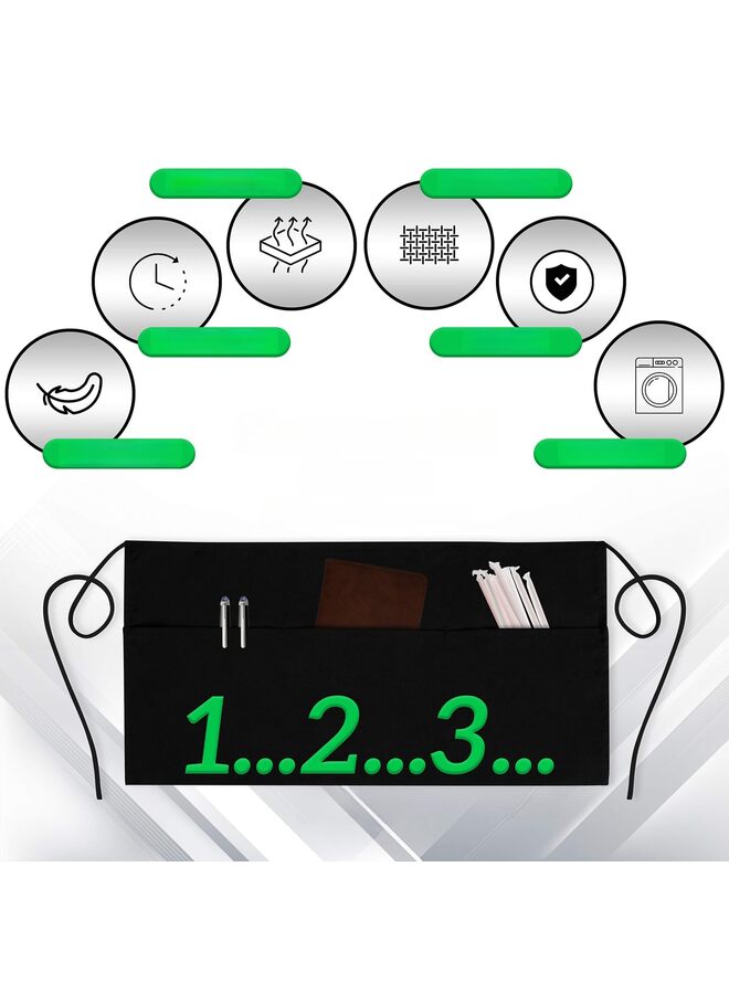عبوة من 12 مئزر تقديم بثلاثة جيوب - مئزر خصر، مئزر نادلة للنساء والرجال، مقاوم للماء مع حزام خصر طويل ودرزات معززة، نصف مئزر (أسود) - Image 3