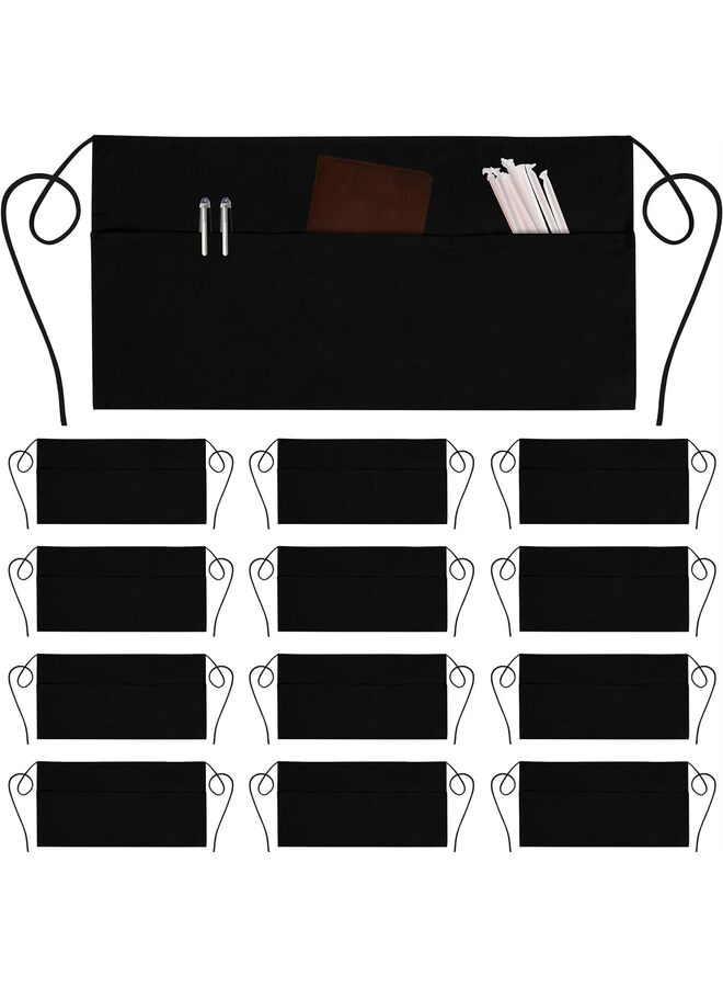 عبوة من 12 مئزر تقديم بثلاثة جيوب - مئزر خصر، مئزر نادلة للنساء والرجال، مقاوم للماء مع حزام خصر طويل ودرزات معززة، نصف مئزر (أسود) - Image 2