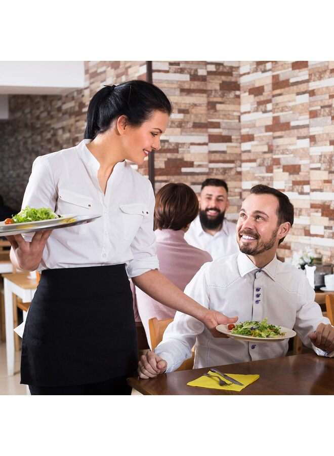 عبوة من 12 مئزر تقديم بثلاثة جيوب - مئزر خصر، مئزر نادلة للنساء والرجال، مقاوم للماء مع حزام خصر طويل ودرزات معززة، نصف مئزر (أسود) - Image 4