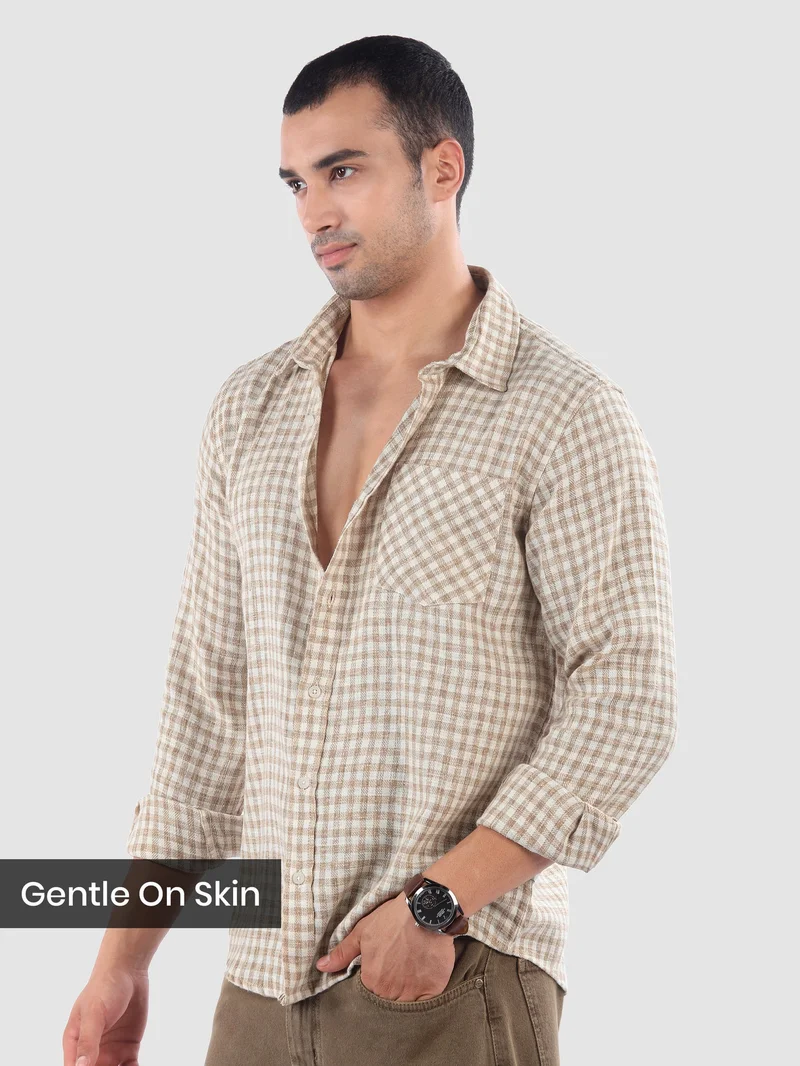 بيونغ قميص قطني بنقشة مربعات بيج