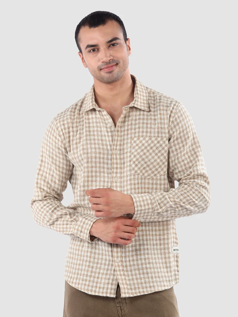 بيونغ قميص قطني بنقشة مربعات بيج
