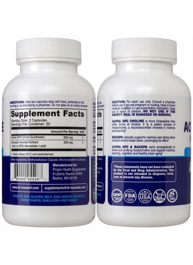 Dr. Maxwell - Acetylcholine, Alpha GPC Choline 600mg + Bacopa, Better Than Each Alone. More Reliable Acetylcholine (Supports Memory & Learning) Supplement, Dual Action Unlike Competitors. Best Choline Form - Image 1