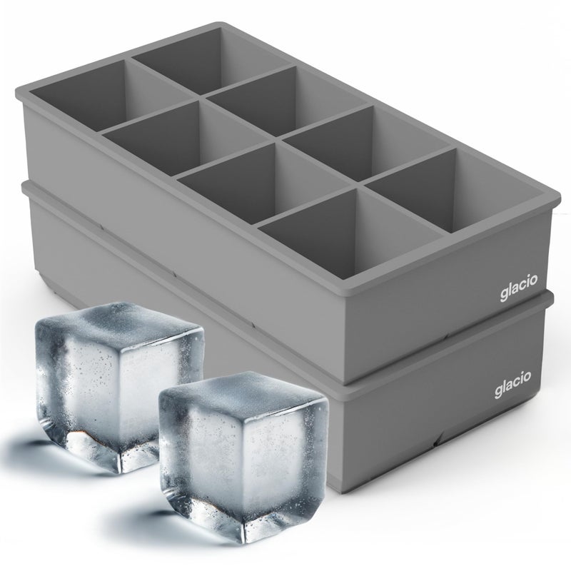 Ice Cube Trays for Freezer  Large Silicone Ice Cube Mold  Makes 8 Giant Whiskey Ice Cubes Square Silicone Molds 2 Pack  glacio