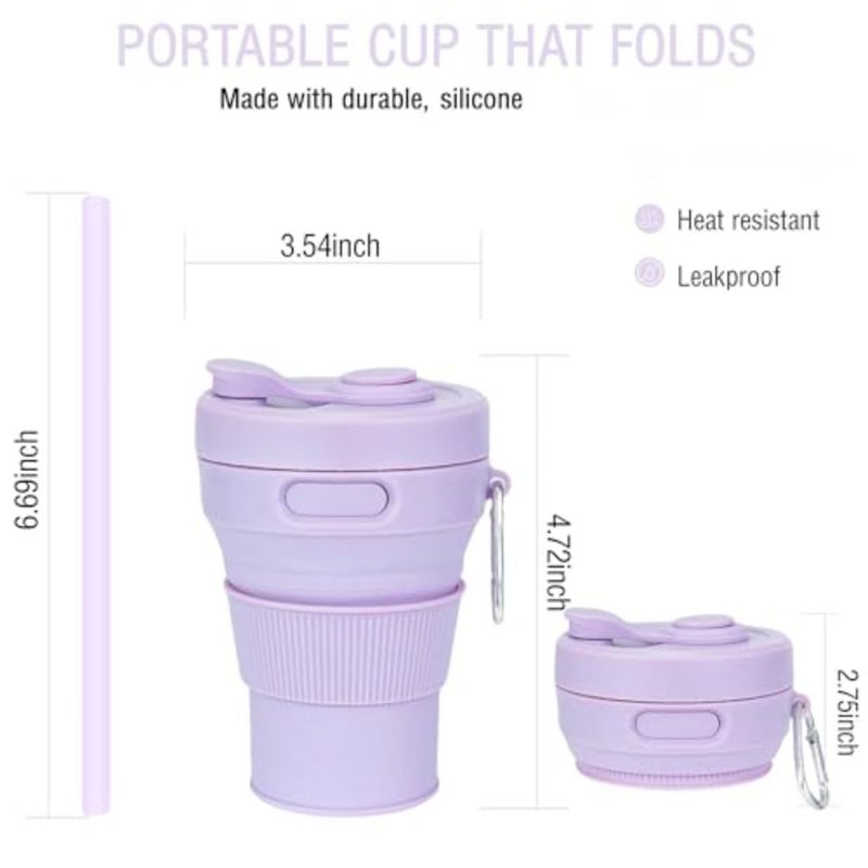 Silicone Collapsible Travel Mug 15oz/ 450ml - Leak-Proof Reusable Silicone Water Bottle for Hot and Cold Beverages - Travel Office and Home - Dishwasher Safe - Straw Included - Image 2