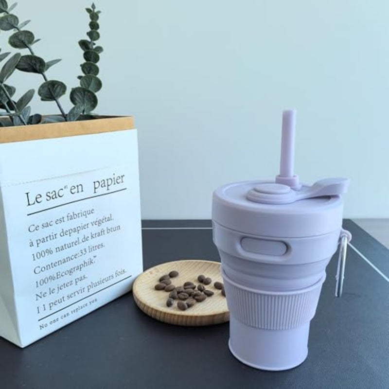 Silicone Collapsible Travel Mug 15oz/ 450ml - Leak-Proof Reusable Silicone Water Bottle for Hot and Cold Beverages - Travel Office and Home - Dishwasher Safe - Straw Included - Image 4