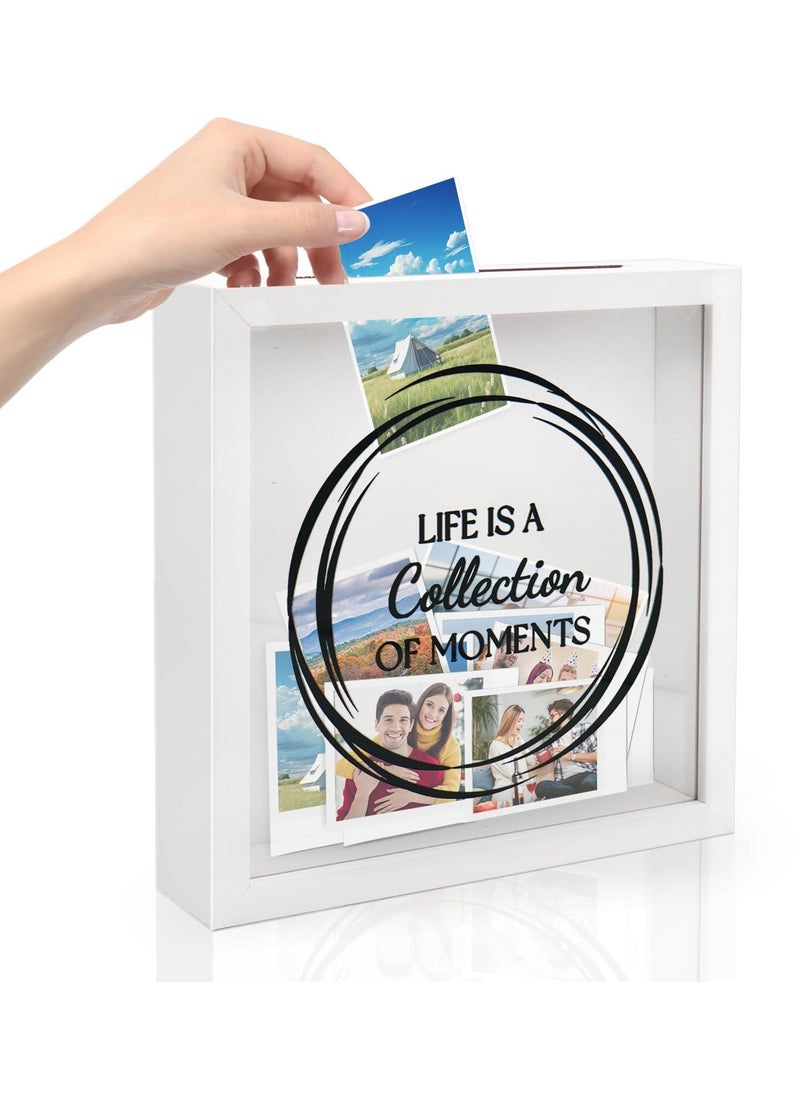 8X8 Shadow Box Frame, Wood Photo Storage Box in White, Keepsake Ticket Box with Slot, Memory Display Case for Desk Wall Decor, White - Image 1