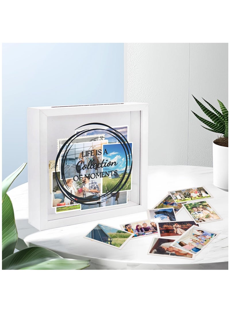 8X8 Shadow Box Frame, Wood Photo Storage Box in White, Keepsake Ticket Box with Slot, Memory Display Case for Desk Wall Decor, White - Image 3