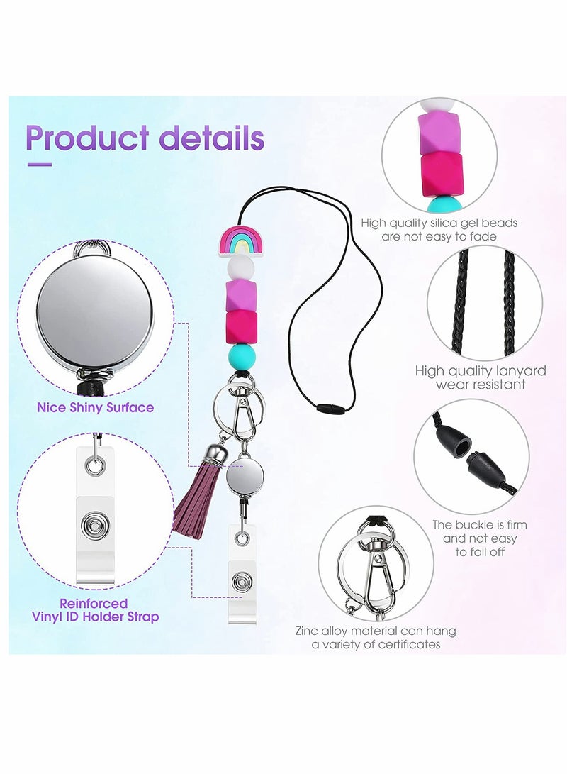 Trendy Silicone Beaded Lanyards for ID Badges Keys 3 Sets with Retractable Reel Tassel Keychain Perfect for Women Girls Teachers Students Nurses - Image 2
