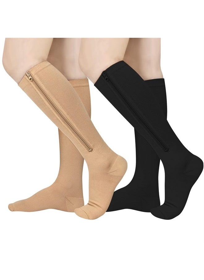 Athbavib 2 Pairs Zipper Compression Socks, 15-20 mmHg Closed Toe Compression Stocking with Zipper for Women and Men  - Image 1