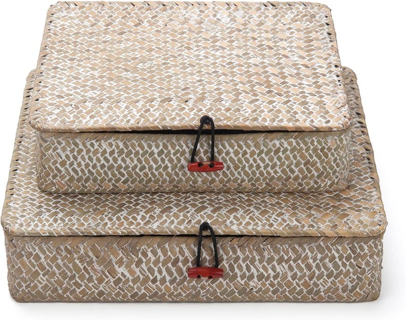 DECRAFTS Whitewash Seagrass Basket with Lid Rectangular Decorative Storage Boxes for Shelf Organize Snack Toys Set of 2 (Large+Small) - Image 2