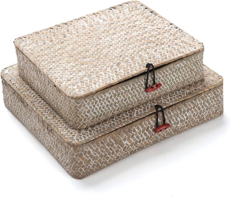 DECRAFTS Whitewash Seagrass Basket with Lid Rectangular Decorative Storage Boxes for Shelf Organize Snack Toys Set of 2 (Large+Small) - Image 1