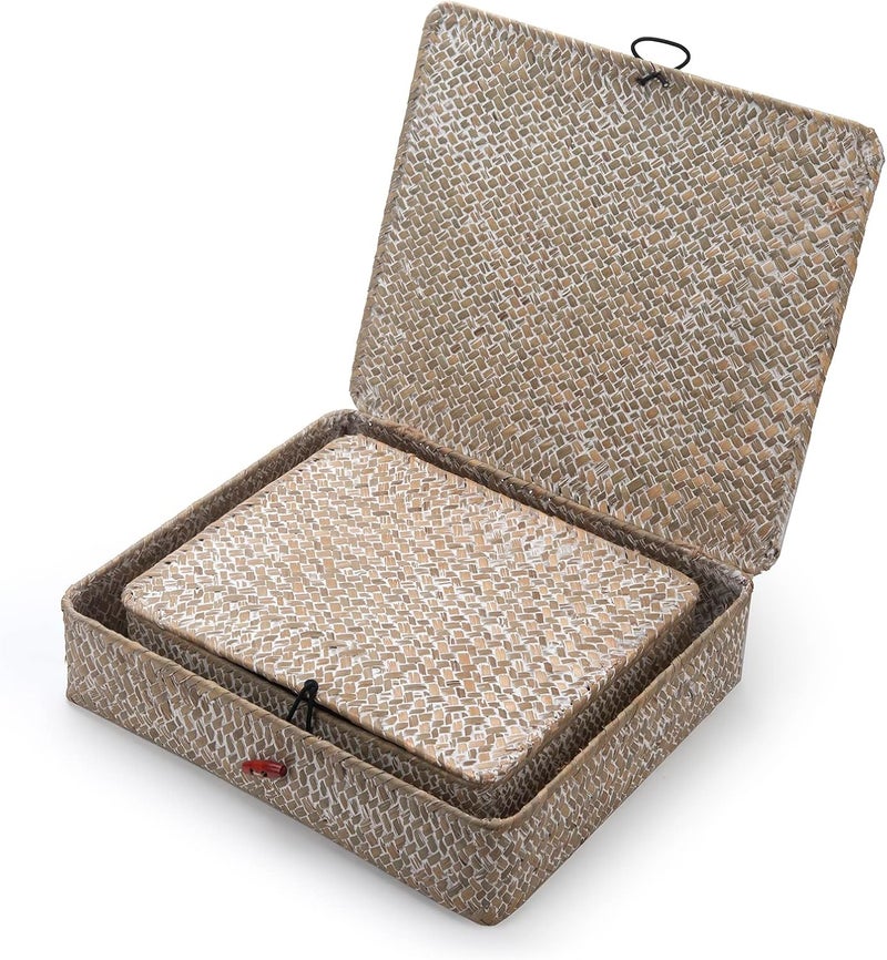 DECRAFTS Whitewash Seagrass Basket with Lid Rectangular Decorative Storage Boxes for Shelf Organize Snack Toys Set of 2 (Large+Small) - Image 4
