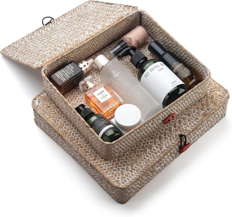 DECRAFTS Whitewash Seagrass Basket with Lid Rectangular Decorative Storage Boxes for Shelf Organize Snack Toys Set of 2 (Large+Small) - Image 3