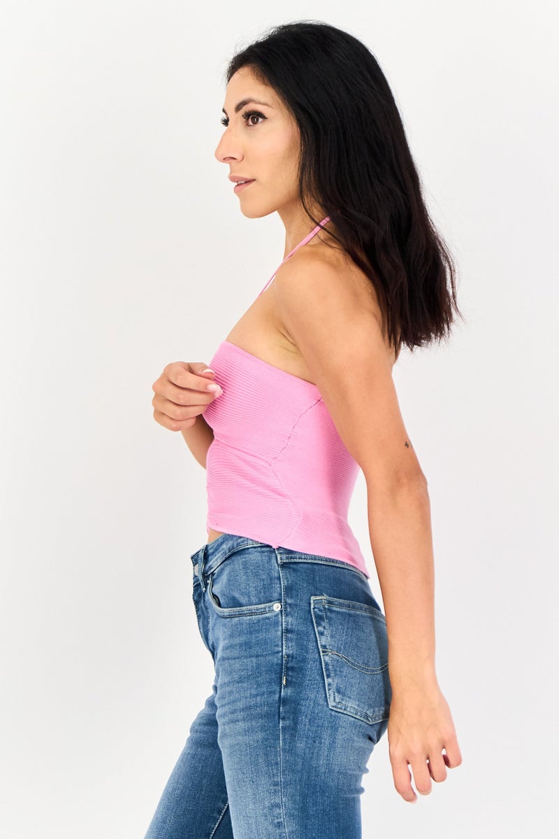 Bershka بلوزة نسائية بدون أكتاف بدون أكمام مع فتحة على شكل مفتاح، وردي - Image 2