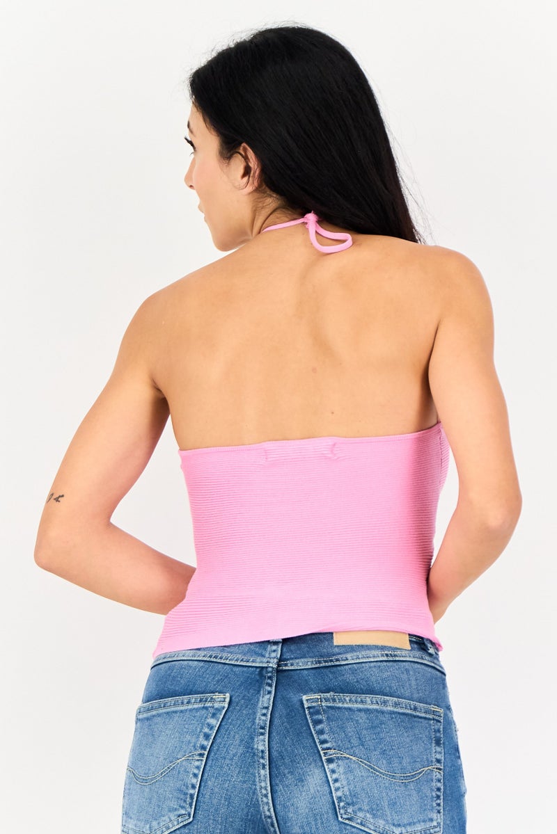 Bershka بلوزة نسائية بدون أكتاف بدون أكمام مع فتحة على شكل مفتاح، وردي - Image 3