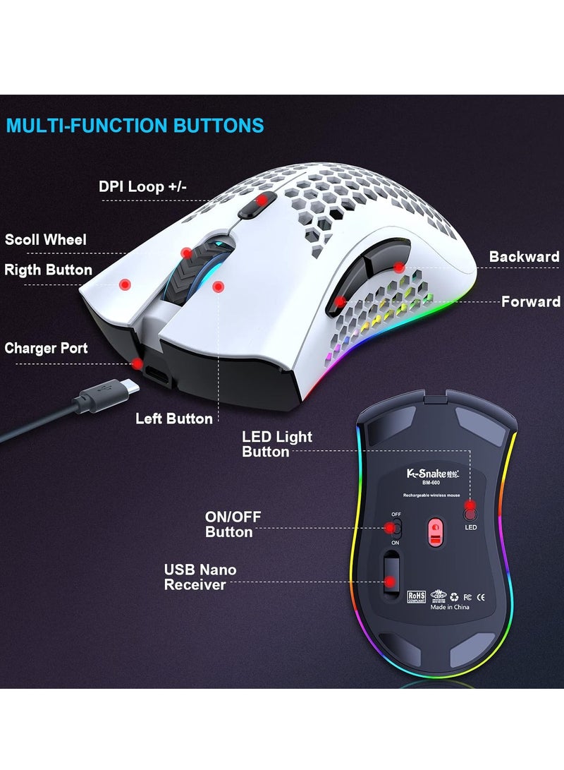 BM600 Wireless Lightweight Gaming Mouse,2.4G Wireless Rechargeable Computer Mouse with Honeycomb Shell, USB Receiver, Adjustable DPI, Ergonomic RGB Gamer Mice for PC Mac Gamer - Image 5