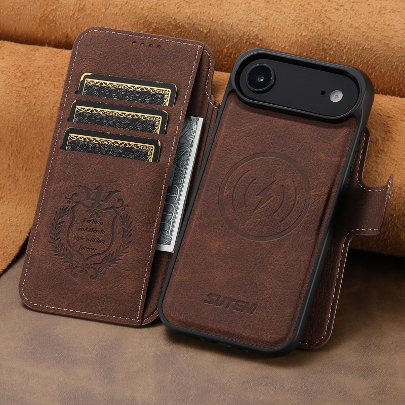 Suteni For Iphone Air Q05 2-In-1 Multi-Function Magsafe Wallet Litchi Leather Phone Case(Brown) - Image 2