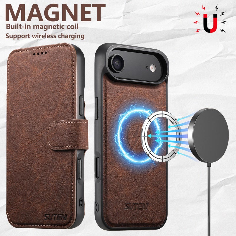 Suteni For Iphone Air Q05 2-In-1 Multi-Function Magsafe Wallet Litchi Leather Phone Case(Brown) - Image 4