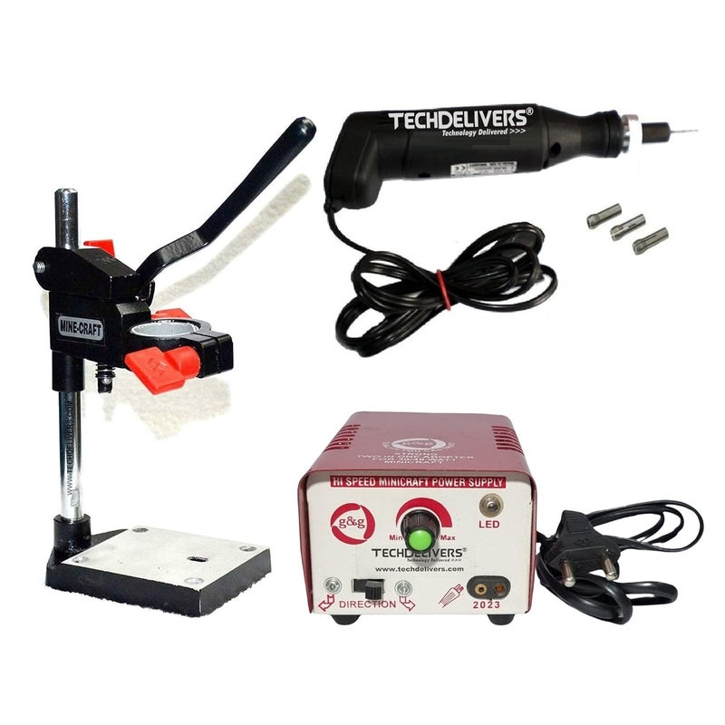 TECHDELIVERS مثقاب كهربائي صغير لآلة الصائغ مع مجموعة قطع إمداد الطاقة المحول وحامل مثقاب MB130 - Image 1