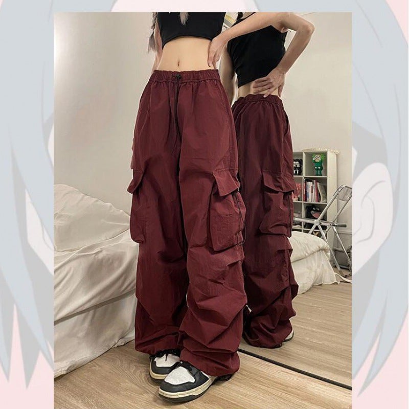 American Style Retro Work Pants Casual Pants Mens and Womens Summer Straight New Arrival Leg-legged Trousers Loose Mens High Street Trendy Wine red - Image 1