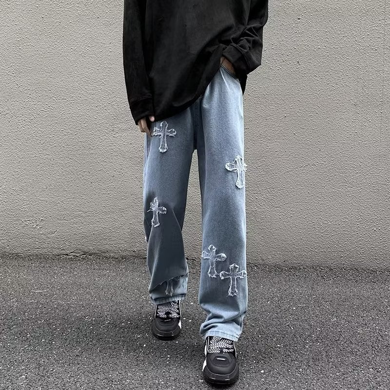 Streetwear Cross Patch Jeans for Men Blue 