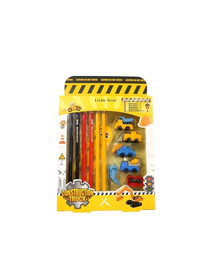 ليتل تري مجموعة قرطاسية شاحنة البناء للاطفال - مجموعة قرطاسية تتضمن 6 اقلام رصاص و4 محايات ومبراة و1 مسطرة مرجعية و1 غطاء قلم رصاص مجموعة ادوات مكتبية للاطفال، هدايا العودة للاطفال - Image 1