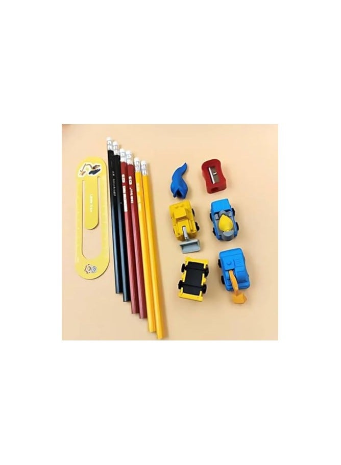 ليتل تري مجموعة قرطاسية شاحنة البناء للاطفال - مجموعة قرطاسية تتضمن 6 اقلام رصاص و4 محايات ومبراة و1 مسطرة مرجعية و1 غطاء قلم رصاص مجموعة ادوات مكتبية للاطفال، هدايا العودة للاطفال - Image 2