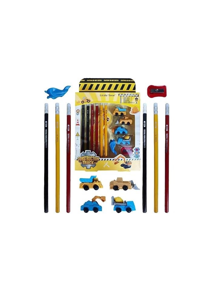 ليتل تري مجموعة قرطاسية شاحنة البناء للاطفال - مجموعة قرطاسية تتضمن 6 اقلام رصاص و4 محايات ومبراة و1 مسطرة مرجعية و1 غطاء قلم رصاص مجموعة ادوات مكتبية للاطفال، هدايا العودة للاطفال - Image 3