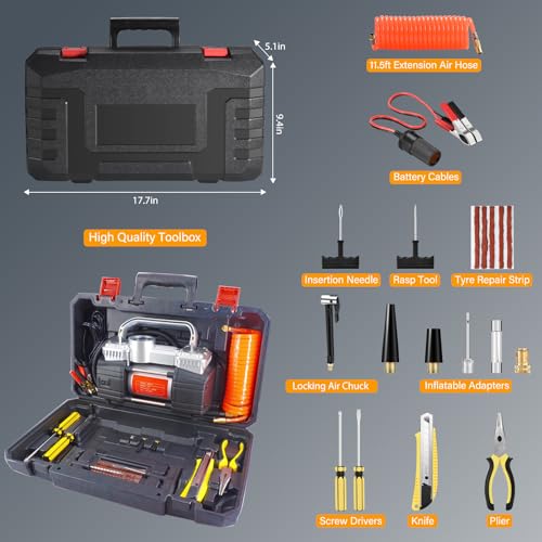 GSPSCN 6X Faster Inflation Portable Air Compressor Pump Dual Cylinder Heavy Duty Tire Inflator with LED Light,150 PSI 12V Air Pump with Tire Repair Kit and Toolbox for Auto,SUV,Truck tires etc - Image 3