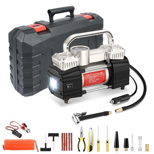 GSPSCN 6X Faster Inflation Portable Air Compressor Pump Dual Cylinder Heavy Duty Tire Inflator with LED Light,150 PSI 12V Air Pump with Tire Repair Kit and Toolbox for Auto,SUV,Truck tires etc - Image 1