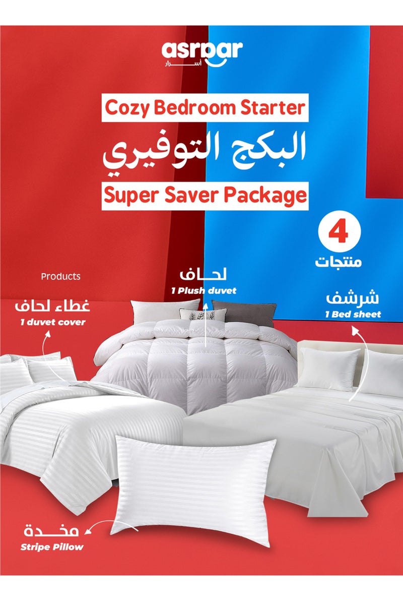 Asraar Cozy Bedroom Starter 4-Piece Set – Includes 1 Stripe Pillow 75 x 50cm, 1 Duvet 160 x 320cm, 1 Bed Sheet 140 x 200cm, and 1 Duvet Cover 160 x 320cm – Perfect for Comfortable Sleep and Modern Home Decor – Standard Size Bedding Essentials  - Image 1