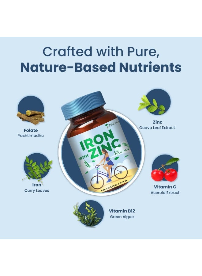 ZEROHARM Iron, Zinc, Folic Acid & Vitamin B12 Tablets | Curry Leaves, Guava, Acerola Cherry | Boosts Hemoglobin Levels | Antioxidant & Immunity Support | Iron Supplement for Men, Women | 60 Tablets - Image 4