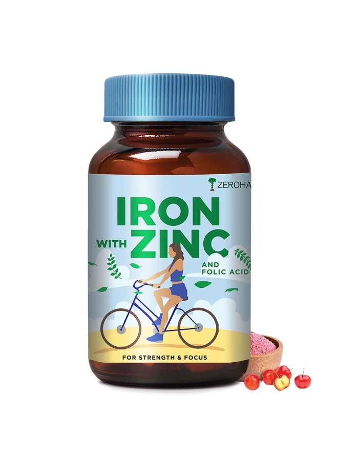 ZEROHARM Iron, Zinc, Folic Acid & Vitamin B12 Tablets | Curry Leaves, Guava, Acerola Cherry | Boosts Hemoglobin Levels | Antioxidant & Immunity Support | Iron Supplement for Men, Women | 60 Tablets - Image 1