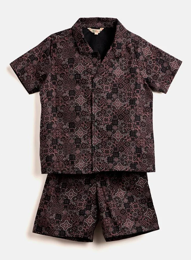 Stylo Bug Boys Brown Printed Rayon Shirt and Shorts Set