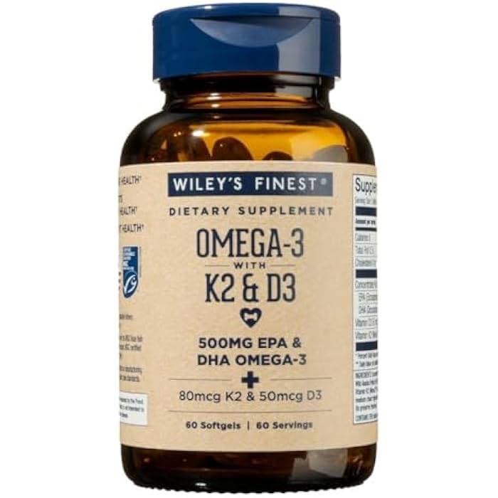 Wiley's Finest Wild Alaskan Fish Oil Vitamin K2 & D3 Softgels - 500mg of EPA and DHA Omega-3s for Bone and Heart Health Support - 60 Softgels (60 Servings) - Image 1