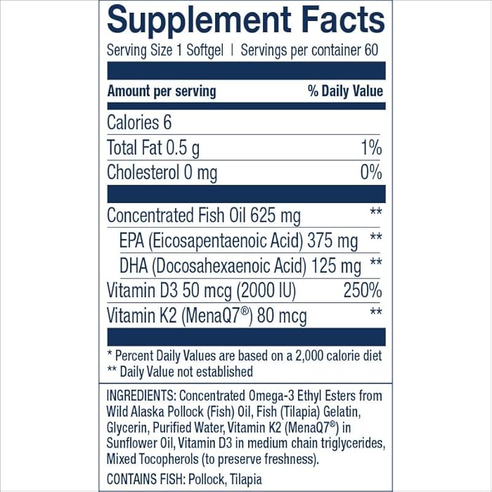 Wiley's Finest Wild Alaskan Fish Oil Vitamin K2 & D3 Softgels - 500mg of EPA and DHA Omega-3s for Bone and Heart Health Support - 60 Softgels (60 Servings) - Image 2
