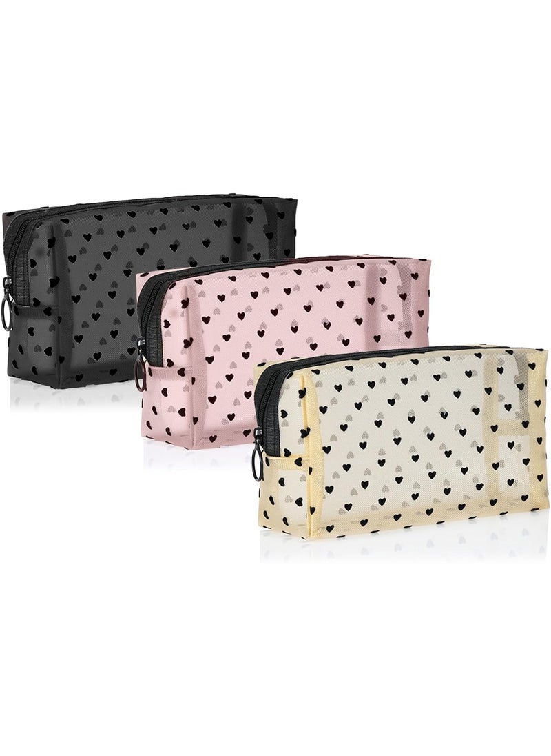 Lydztion LYDZTION 3PCS Love Mesh Makeup Bag Clear Makeup Bag Love Mesh Travel Toiletry Bag with Zipper,Travel Toiletry Bag Cosmetics Makeup Brushes Organizer(Black,Pink,Beige) 