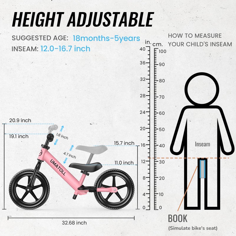 Umatoll Toddler Balance Bike for 2-5 Year Old, Adjustable Kids Toy Bicycle, Birthday Ideal Gift for Ages 2-3 Girls Boys (Pink) - Image 3