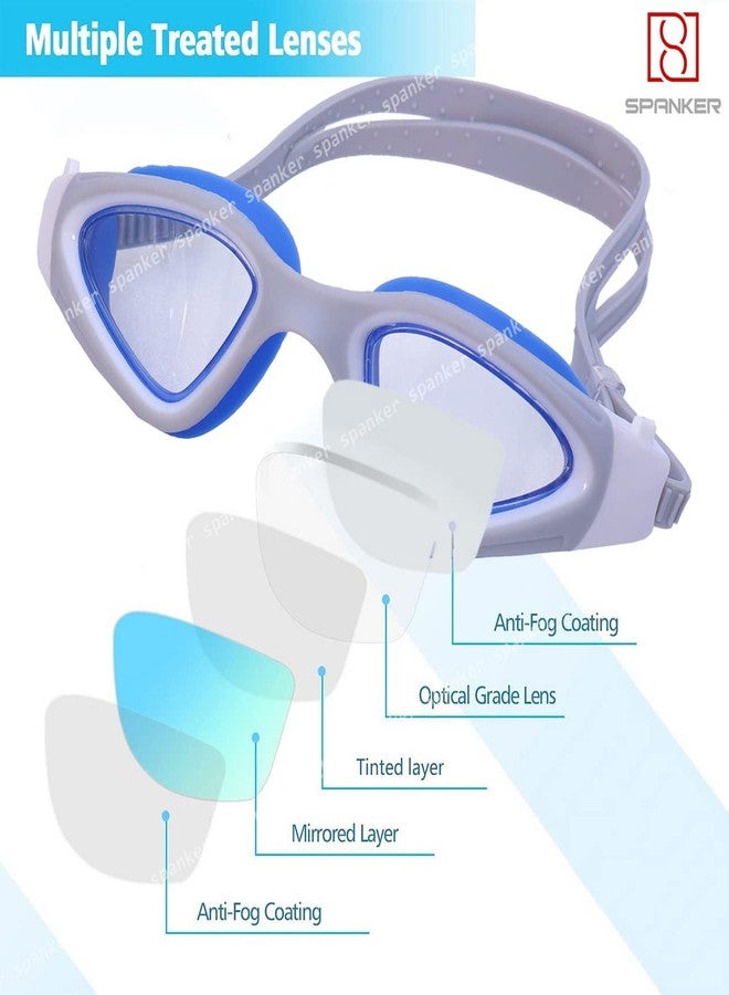 Spanker Ultra Design Anti Fog No Leaking UV Protection Wide View Swim Goggles For Women Men Adult, Blue-White SSTP - Image 3