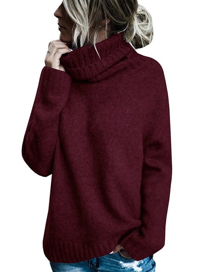 FISACE Womens Oversized Turtleneck Pullover Sweater Cable Knit Long Sleeve Sweater Tops A-Wine Red - Image 1