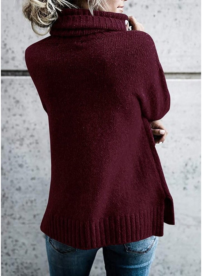 FISACE Womens Oversized Turtleneck Pullover Sweater Cable Knit Long Sleeve Sweater Tops A-Wine Red - Image 4