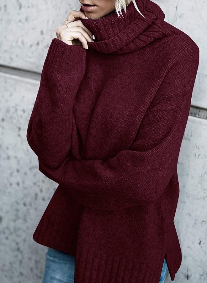 FISACE Womens Oversized Turtleneck Pullover Sweater Cable Knit Long Sleeve Sweater Tops A-Wine Red - Image 3