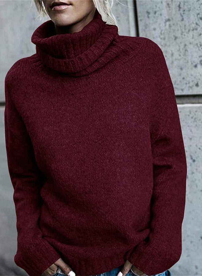 FISACE Womens Oversized Turtleneck Pullover Sweater Cable Knit Long Sleeve Sweater Tops A-Wine Red - Image 2
