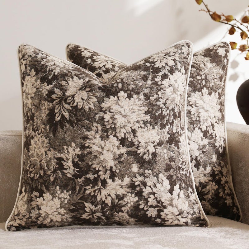 DEZENE Pack of 2 Vintage Floral Throw Pillow Covers 18x18 Boho Farmhouse Accents Chenille Square Decorative Pillow Cases for Living Room Couch Bed Home Decor, Grey - Image 1