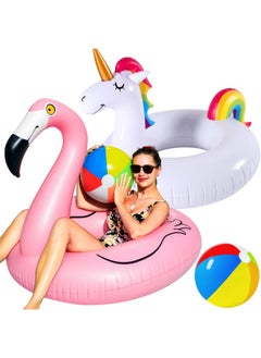 FindUWill 2 Pack 42'' Inflatable Pool Floats Flamingo Unicorn Swim Tube Rings With 2Pcs Beach Balls, Beach Floaties, Swimming Toys, Lake And Beach Floaty Summer Toy, Pool Raft Lounge For Adults Kids  - Image 1