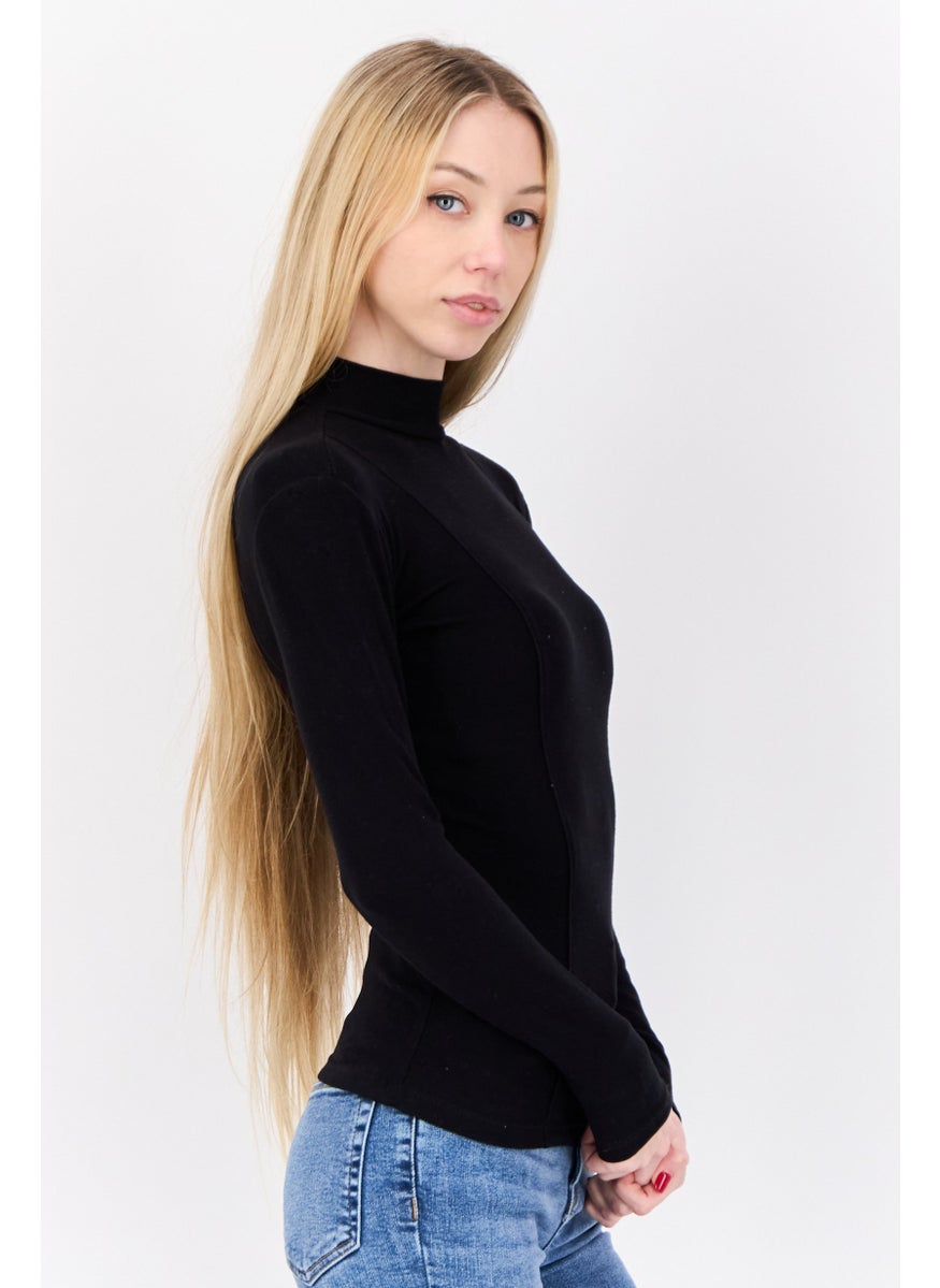 Etam Women Mock Neck Long Sleeve Pain Top Black  - Image 3