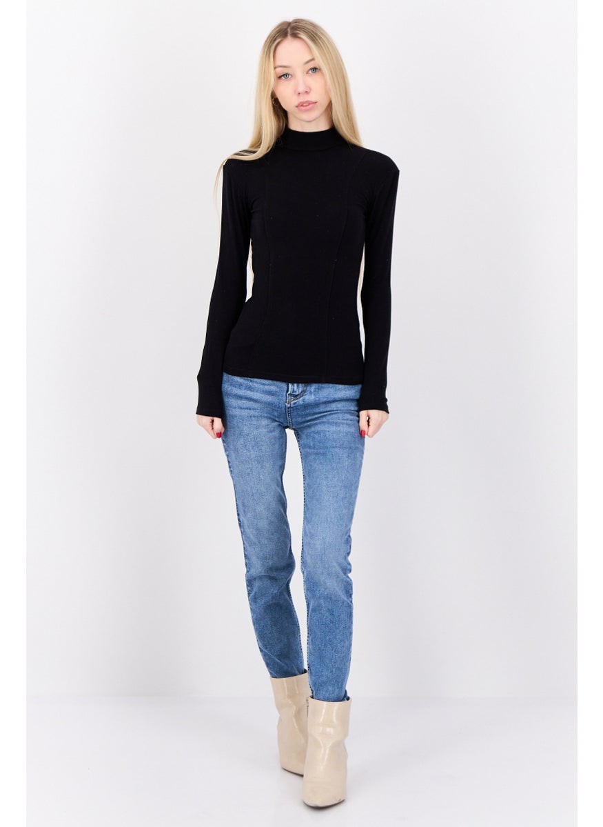 Etam Women Mock Neck Long Sleeve Pain Top Black  - Image 4